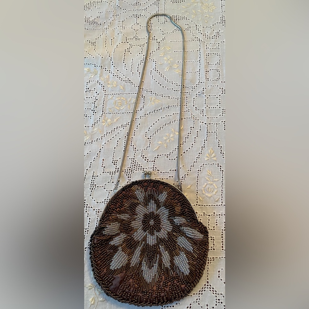 Vintage Brown, Copper & White Beaded Purse